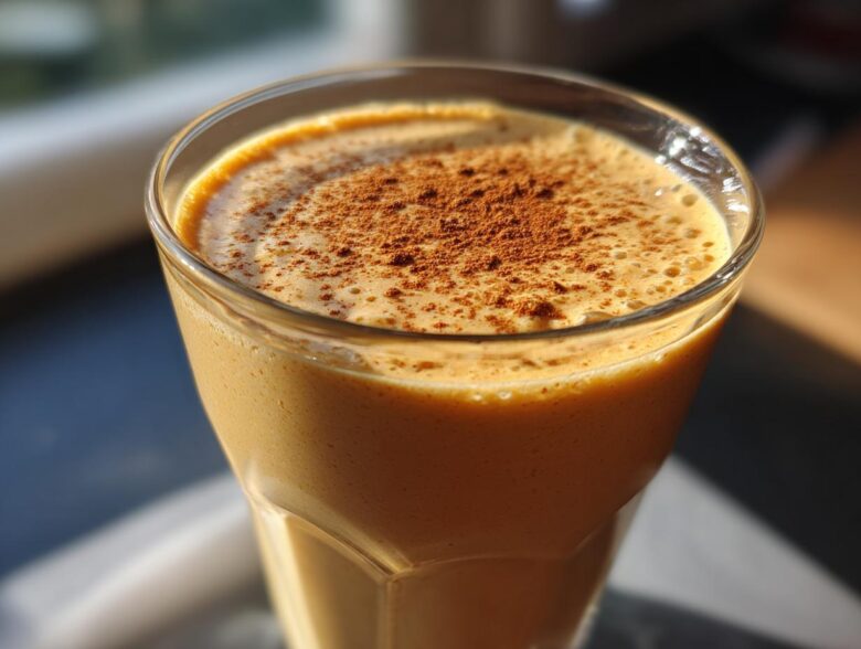 A close-up of a creamy Pumpkin Spice Protein Smoothie topped with a sprinkle of cinnamon.