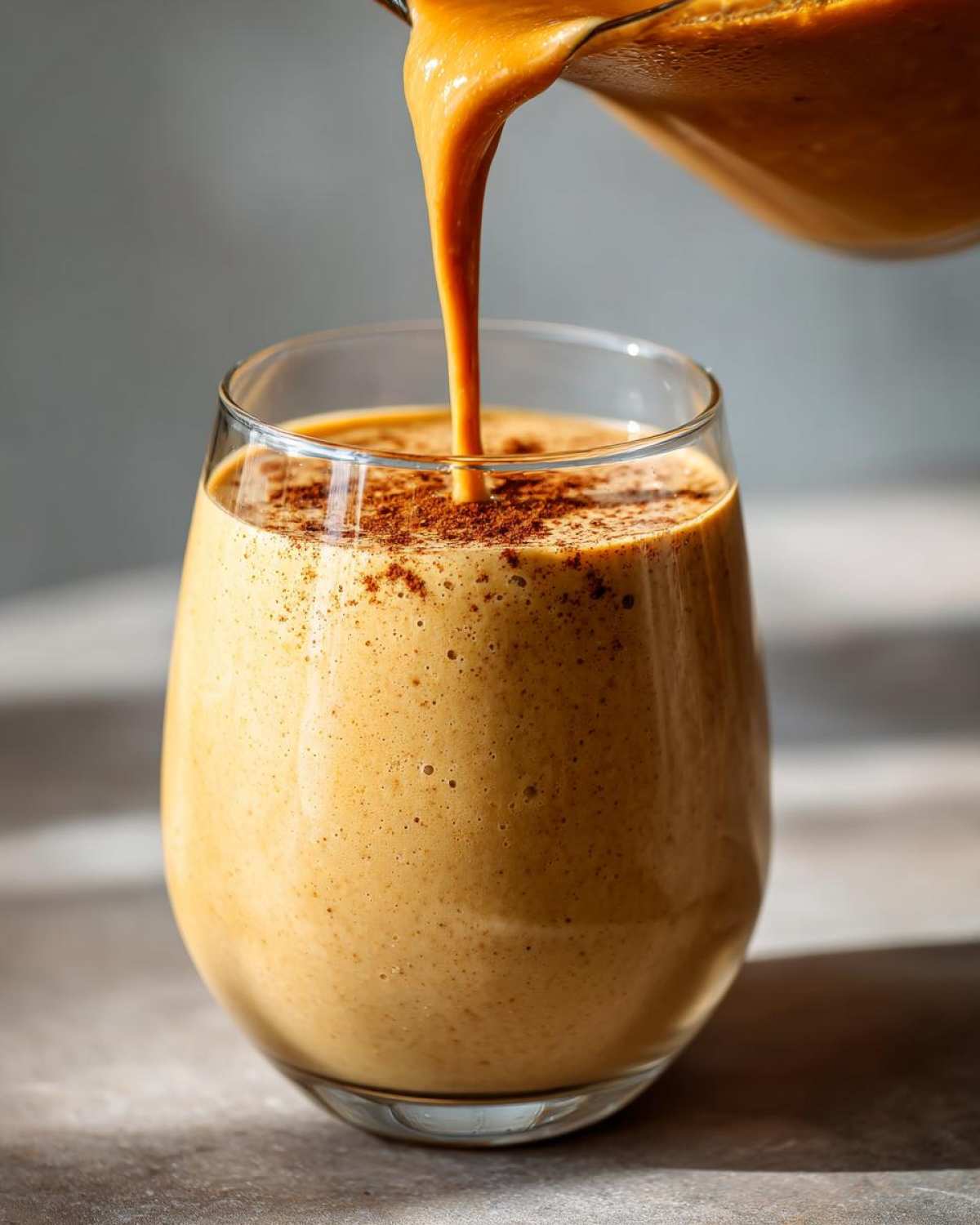 Close-up of a thick Pumpkin Spice Protein Smoothie being poured into a glass, topped with cinnamon.