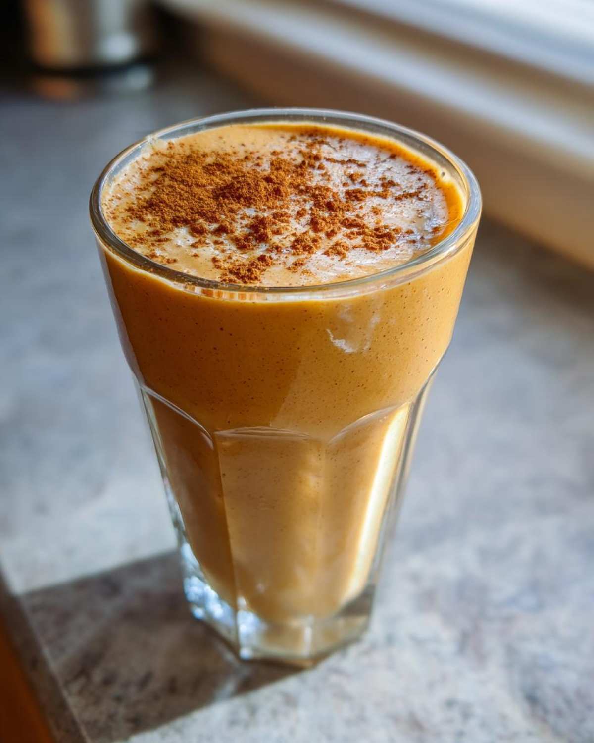 A close-up of a creamy Pumpkin Spice Protein Smoothie topped with cinnamon.