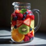 A glass pitcher filled with Rainbow Fruit Infused Water, featuring strawberries, blueberries, raspberries, kiwi, orange, and lime slices.