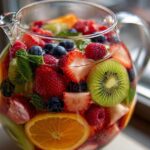 A clear glass pitcher filled with Rainbow Fruit Infused Water, featuring strawberries, blueberries, raspberries, kiwi slices, and orange slices.