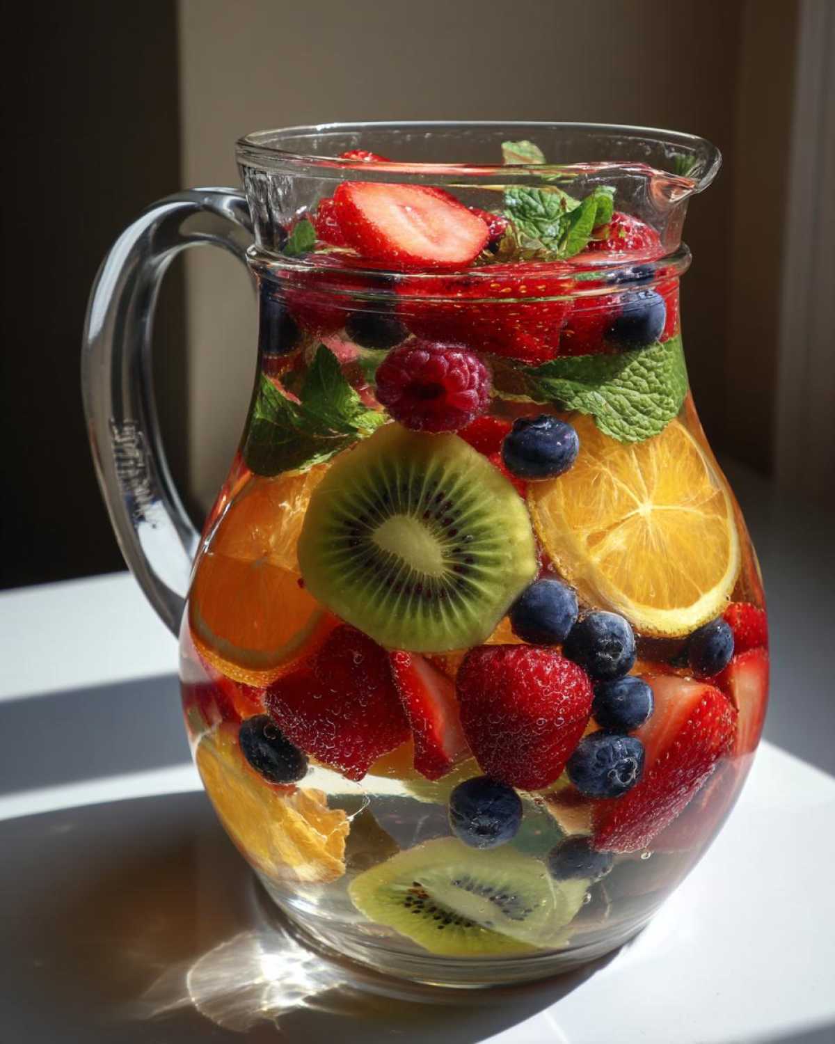 A clear glass pitcher filled with Rainbow Fruit Infused Water, featuring strawberries, blueberries, kiwi slices, and orange slices.