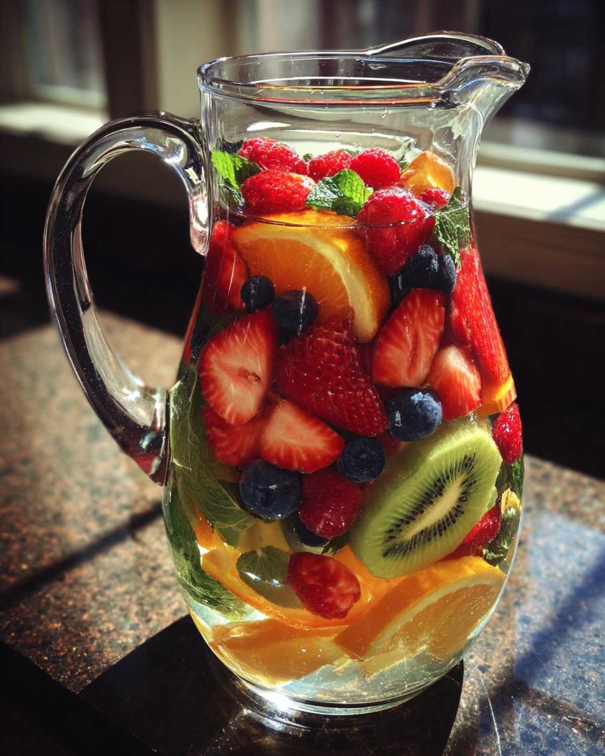 A clear glass pitcher filled with Rainbow Fruit Infused Water, featuring strawberries, blueberries, raspberries, kiwi slices, orange slices, and mint leaves.