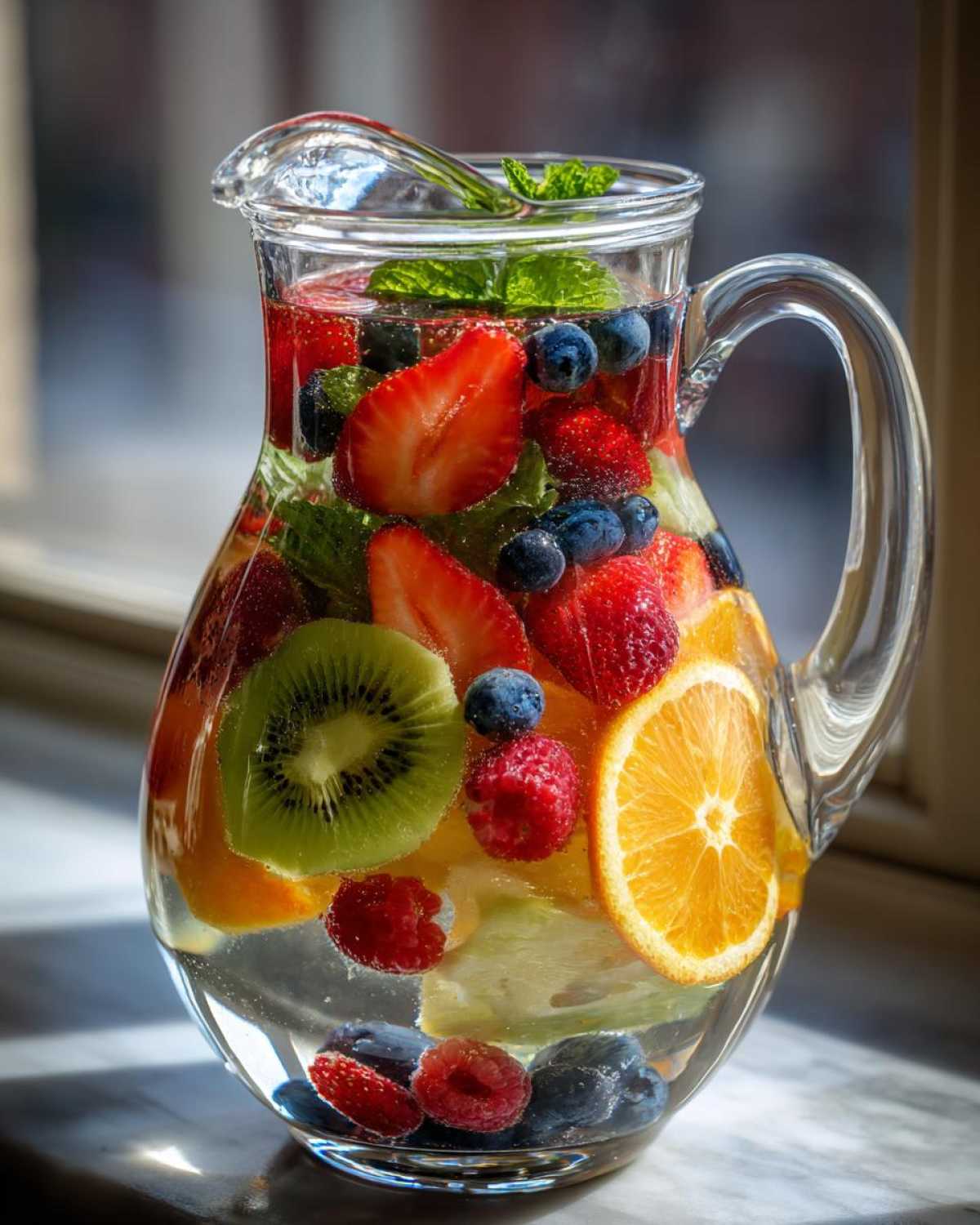 A glass pitcher filled with Rainbow Fruit Infused Water, featuring strawberries, blueberries, raspberries, kiwi, and orange slices.
