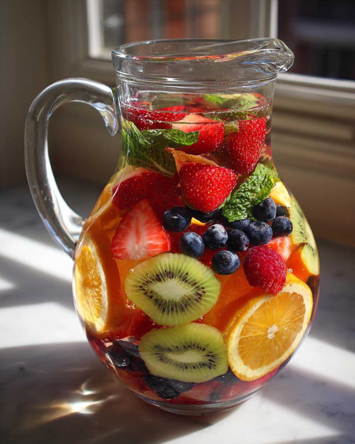 A glass pitcher filled with Rainbow Fruit Infused Water, featuring strawberries, blueberries, kiwi slices, oranges, and raspberries.