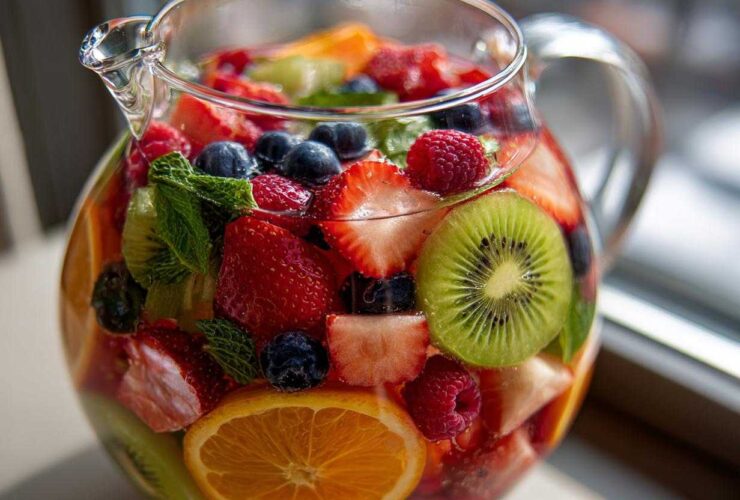 A clear glass pitcher filled with Rainbow Fruit Infused Water, featuring strawberries, blueberries, raspberries, kiwi slices, and orange slices.