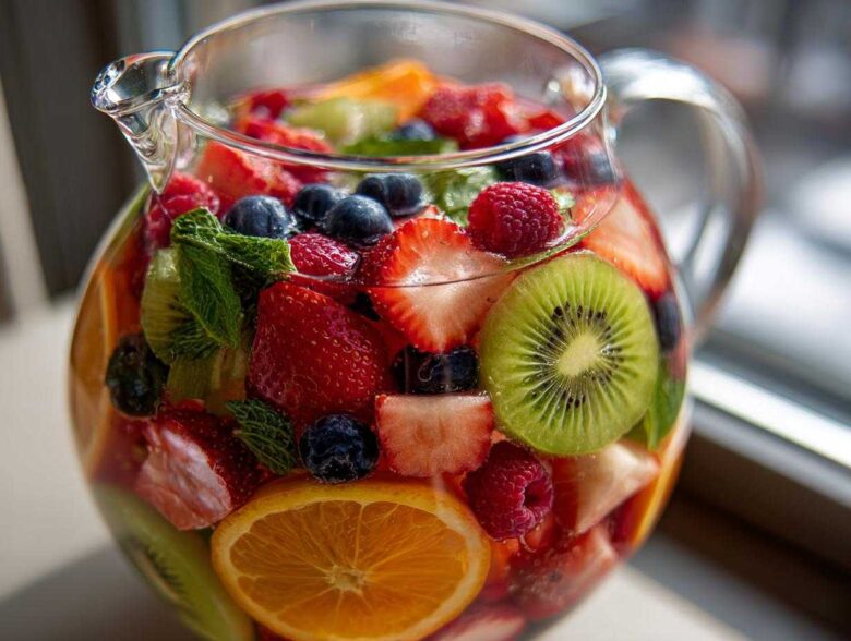 A clear glass pitcher filled with Rainbow Fruit Infused Water, featuring strawberries, blueberries, raspberries, kiwi slices, and orange slices.