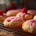 Close-up of delicious Raspberry Rosewater Shortbread cookies with pink frosting and fresh raspberries on a cooling rack.