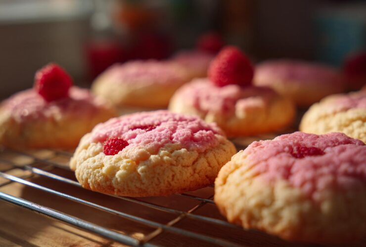 Close-up of delicious Raspberry Rosewater Shortbread cookies with pink frosting and fresh raspberries on a cooling rack.