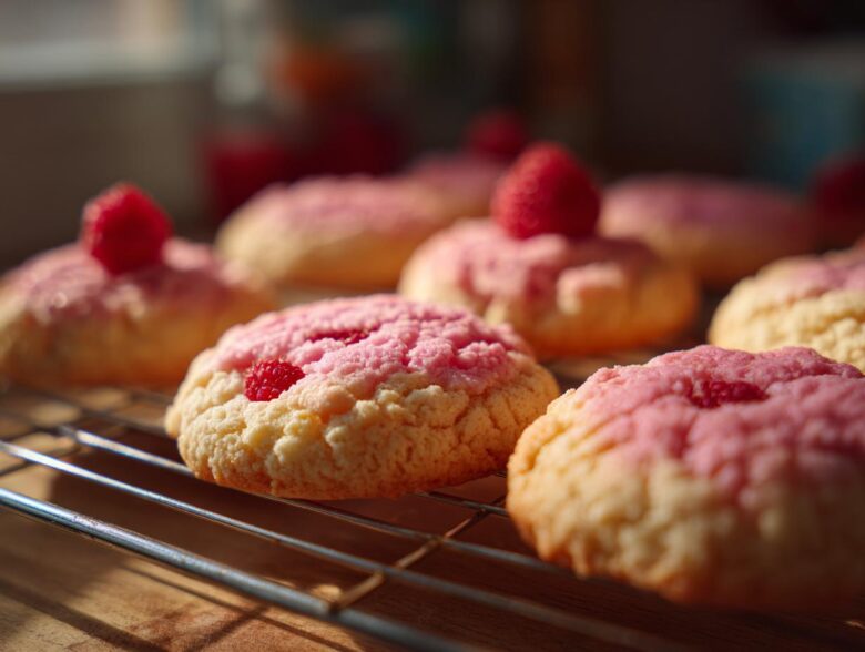 Close-up of delicious Raspberry Rosewater Shortbread cookies with pink frosting and fresh raspberries on a cooling rack.