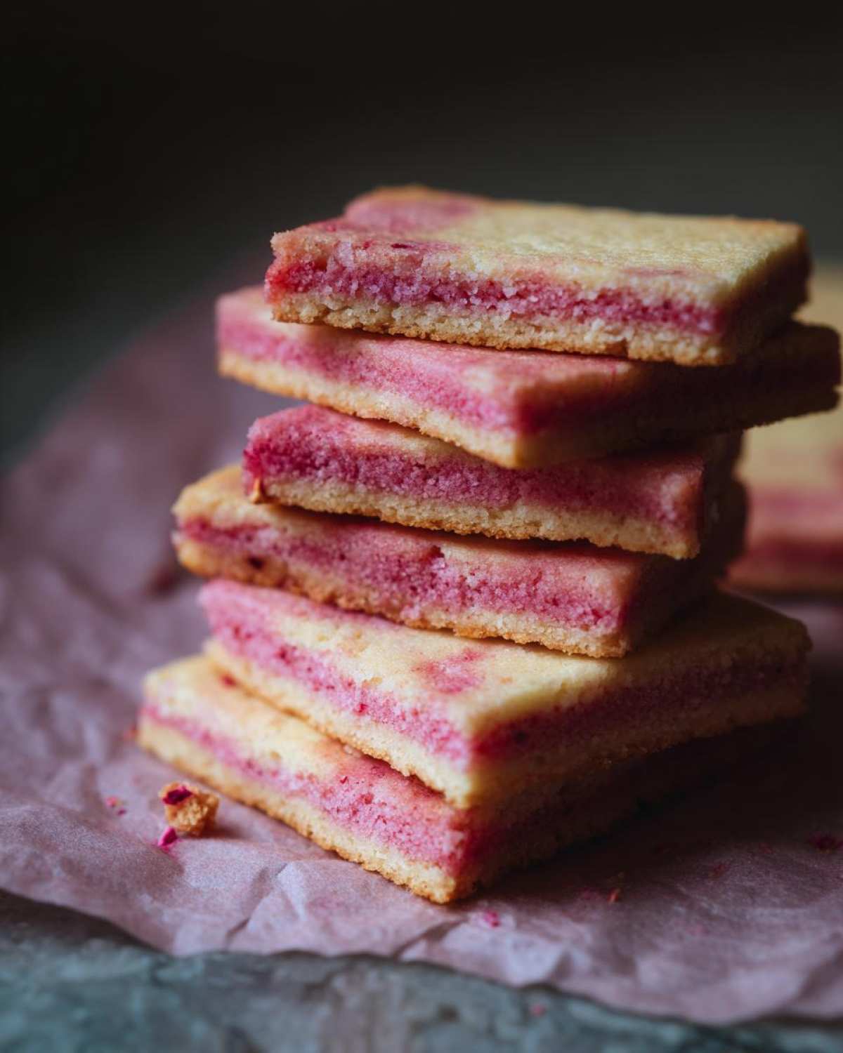 A stack of Raspberry Rosewater Shortbread bars with a vibrant pink filling.