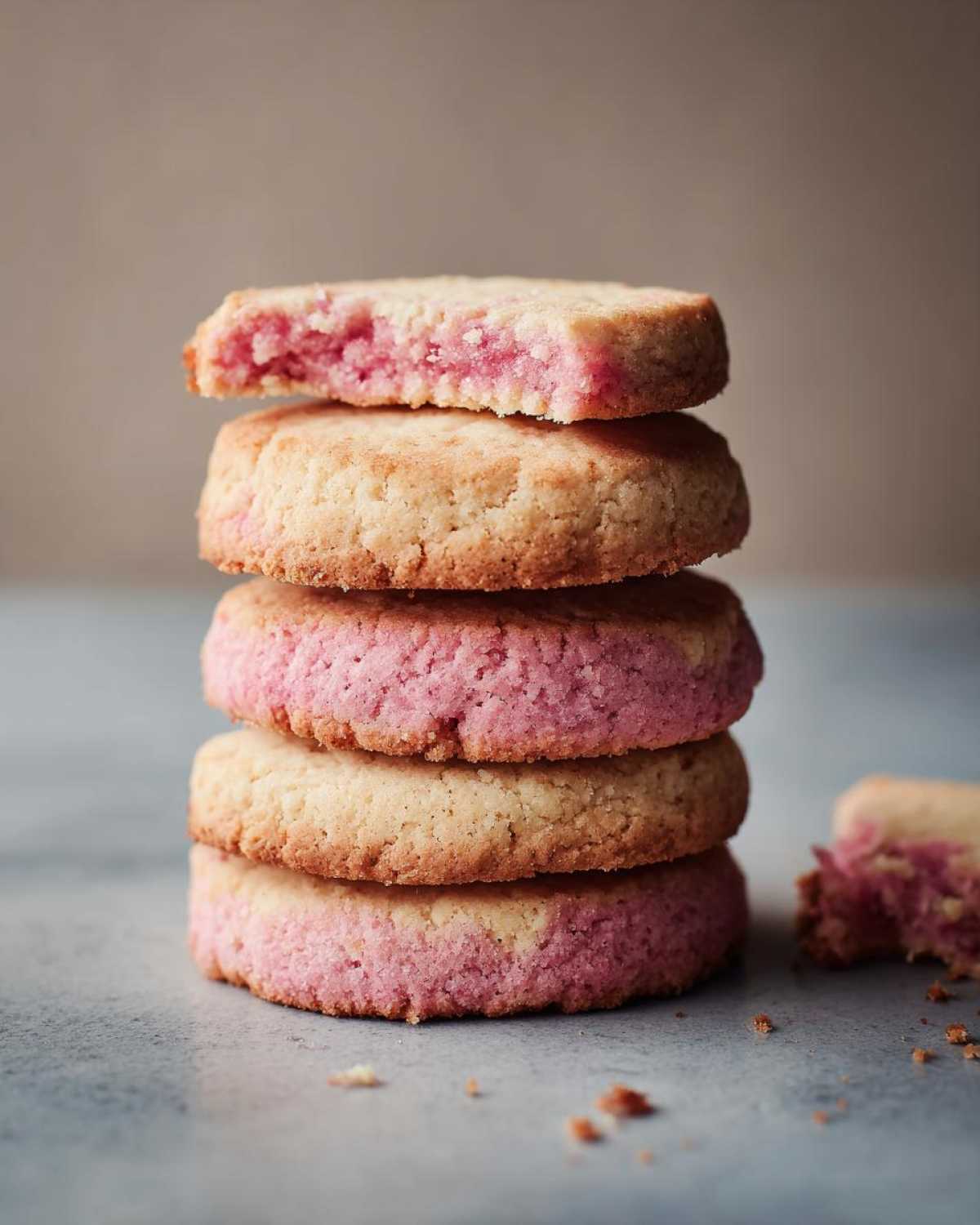 A stack of four Raspberry Rosewater Shortbread cookies, with one cookie broken in half to show the pink raspberry filling.