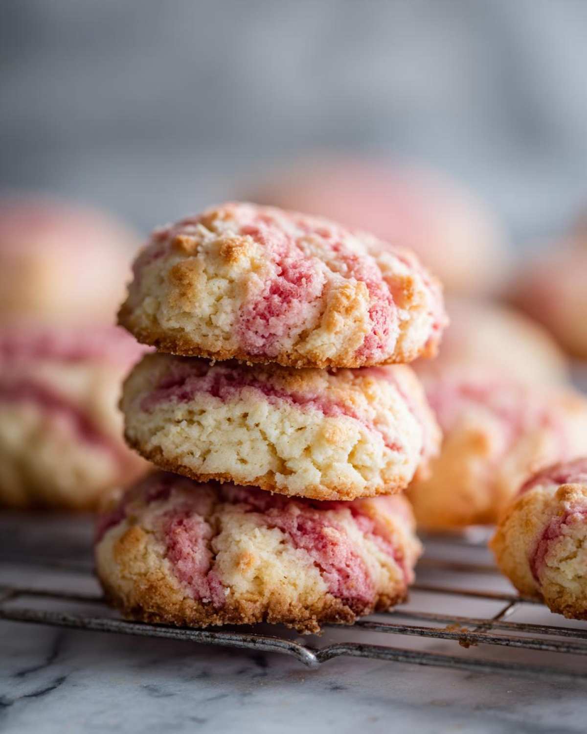 A stack of three Raspberry Rosewater Shortbread cookies with pink swirls on a cooling rack.