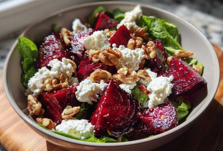 A vibrant Roasted Beet & Goat Cheese Salad featuring chunks of roasted beets, crumbled goat cheese, and toasted walnuts on a bed of greens.