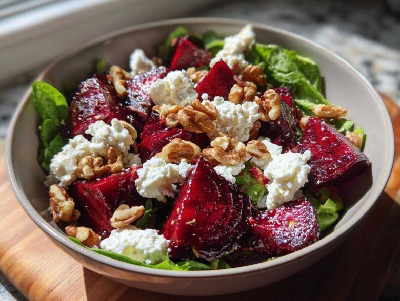 A vibrant Roasted Beet & Goat Cheese Salad featuring chunks of roasted beets, crumbled goat cheese, and toasted walnuts on a bed of greens.