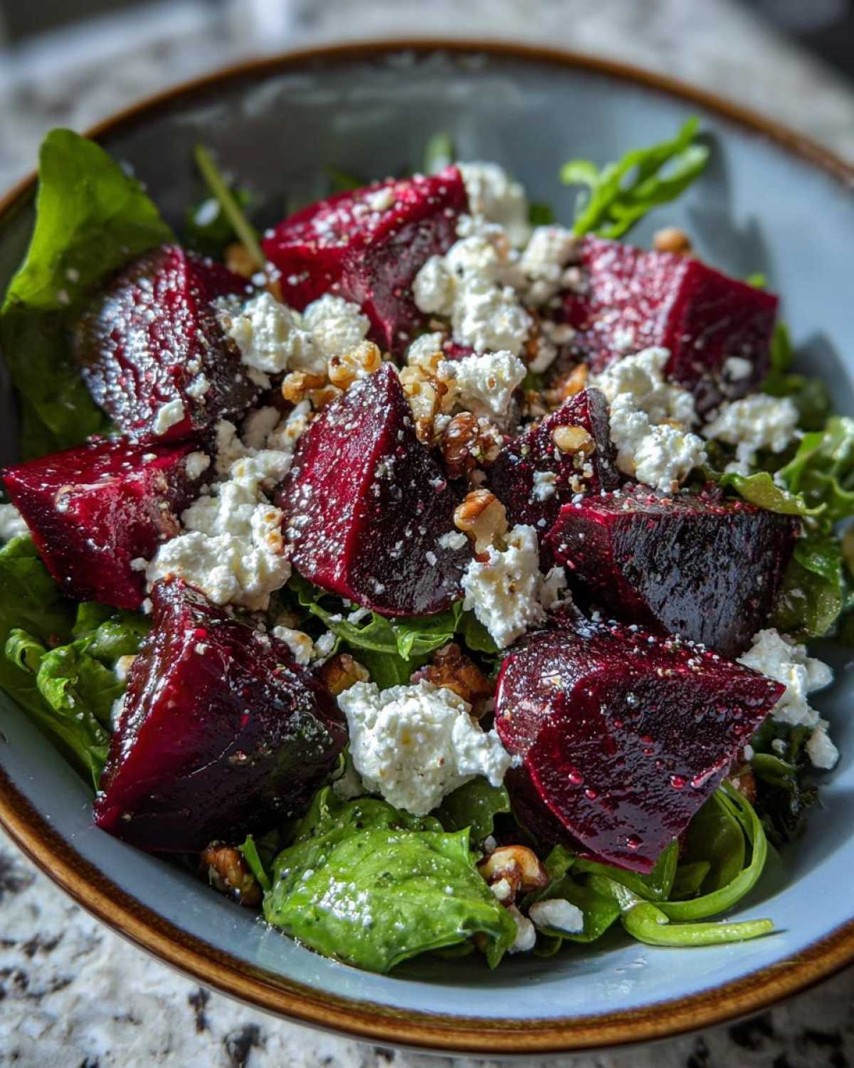 A close-up of a vibrant Roasted Beet & Goat Cheese Salad with crumbled goat cheese and walnuts.