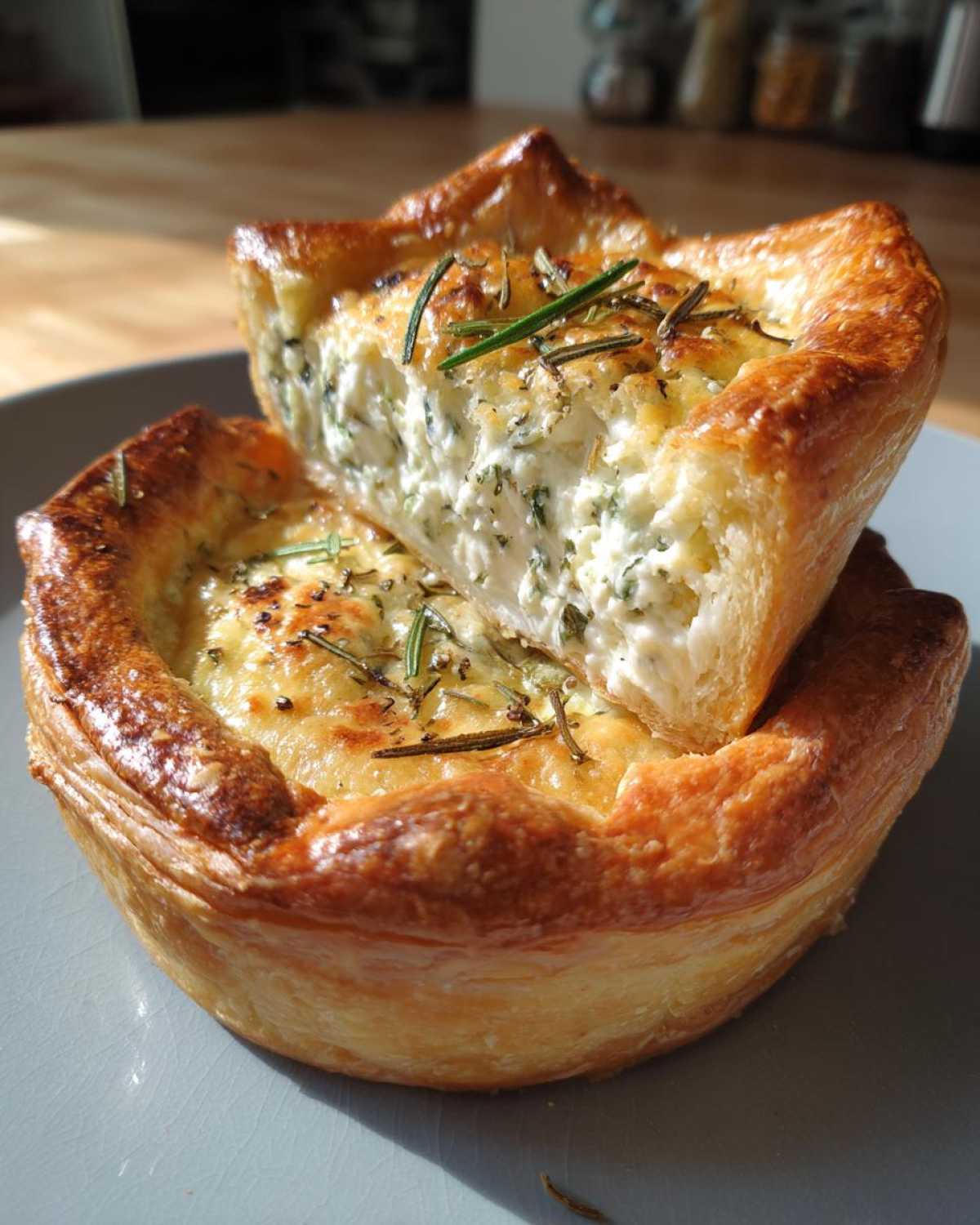 Close-up of a Rosemary Goat Cheese Tart, showcasing its flaky golden crust and creamy filling topped with fresh rosemary.
