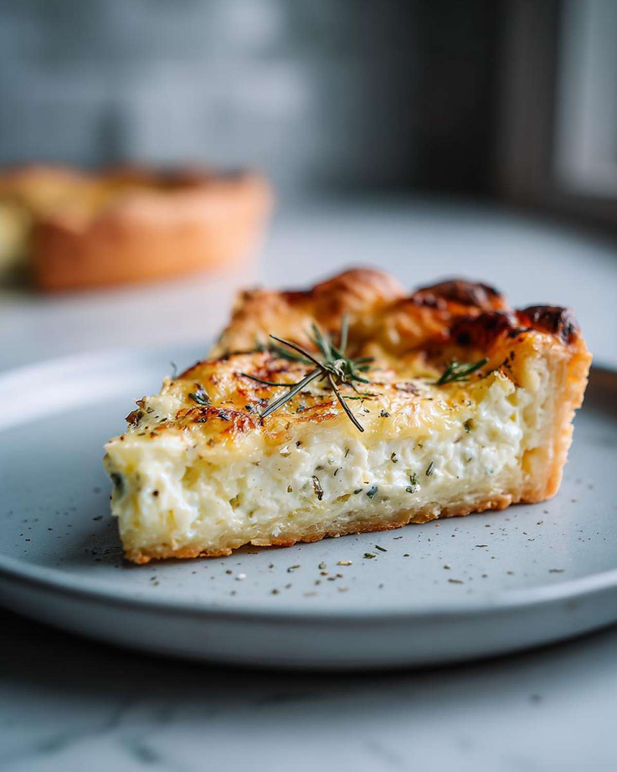 A delicious slice of Rosemary Goat Cheese Tart, showcasing a creamy filling and flaky crust, garnished with fresh rosemary.