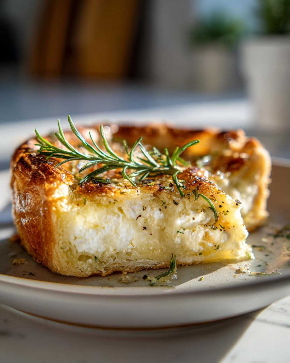 A close-up of a slice of Rosemary Goat Cheese Tart, showcasing the creamy goat cheese filling and golden crust, garnished with fresh rosemary.