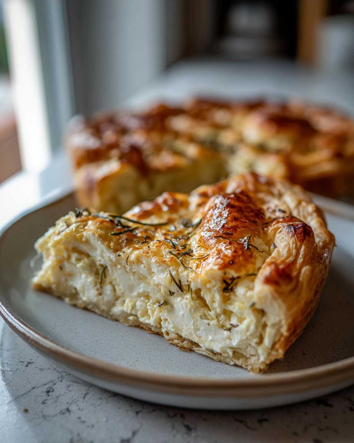 A slice of Rosemary Goat Cheese Tart on a plate, showcasing a flaky crust and creamy filling with visible rosemary.
