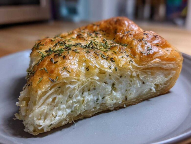 A delicious slice of Rosemary Goat Cheese Tart with flaky pastry and creamy goat cheese filling, sprinkled with fresh rosemary.
