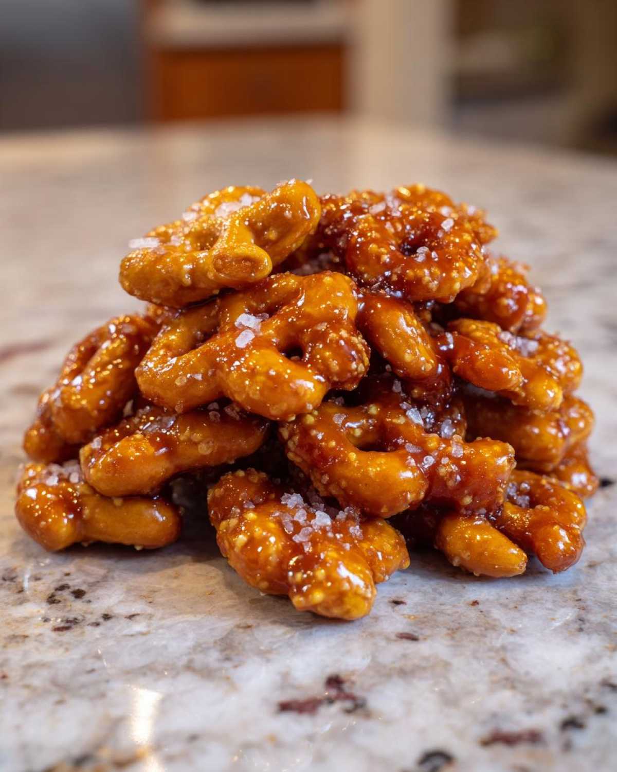 A close-up pile of homemade Salted Caramel Pretzel Bites, glistening with caramel and sprinkled with coarse sea salt.