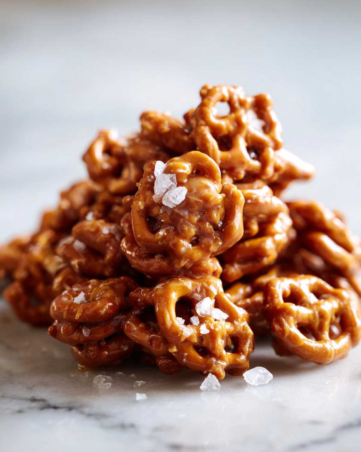 A close-up, mouth-watering pile of Salted Caramel Pretzel Bites, glistening with caramel and sprinkled with flaky sea salt.