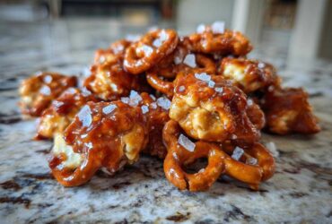 A close-up, mouth-watering view of a pile of Irresistible Salted Caramel Pretzel Bites, glistening with caramel and topped with flaky sea salt.