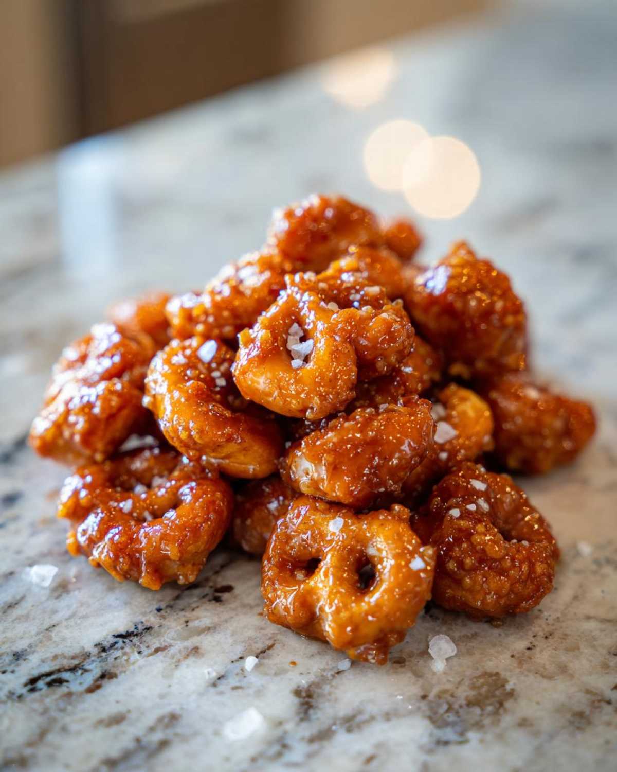 A close-up pile of glistening Salted Caramel Pretzel Bites, sprinkled with coarse sea salt.