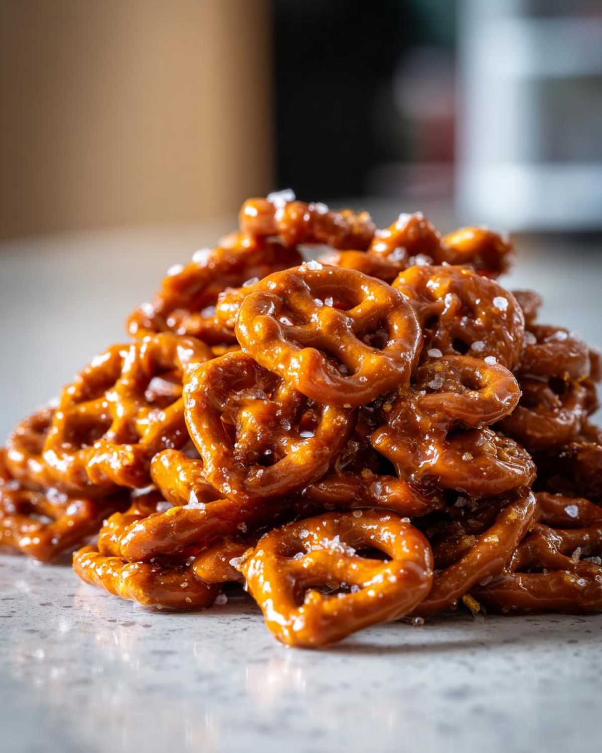 A close-up, high-angle view of a pile of salted caramel pretzel bites, glistening and sprinkled with coarse salt.
