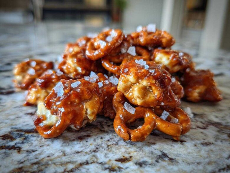 A close-up, mouth-watering view of a pile of Irresistible Salted Caramel Pretzel Bites, glistening with caramel and topped with flaky sea salt.