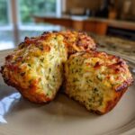 Close-up of two Savory Zucchini Cheese Muffins on a plate, one split open to reveal the interior.