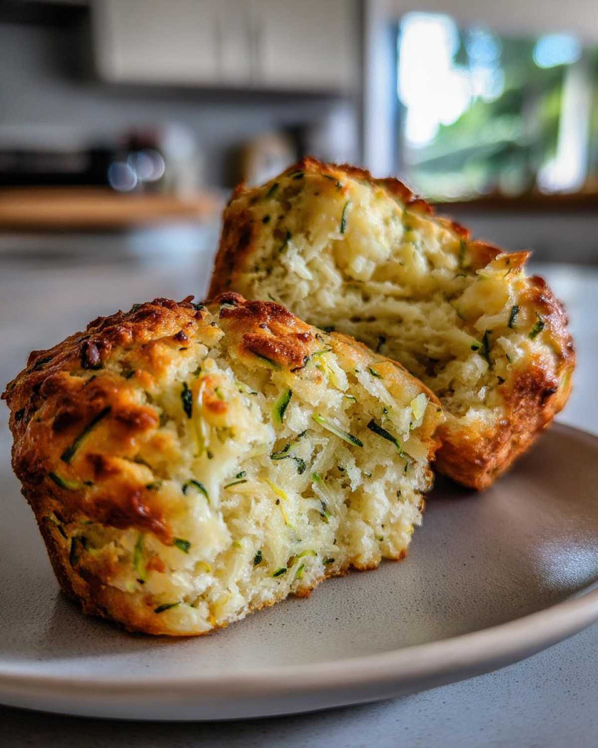 Close-up of two savory zucchini cheese muffins on a plate, one broken in half to show the fluffy interior with shredded zucchini and cheese.