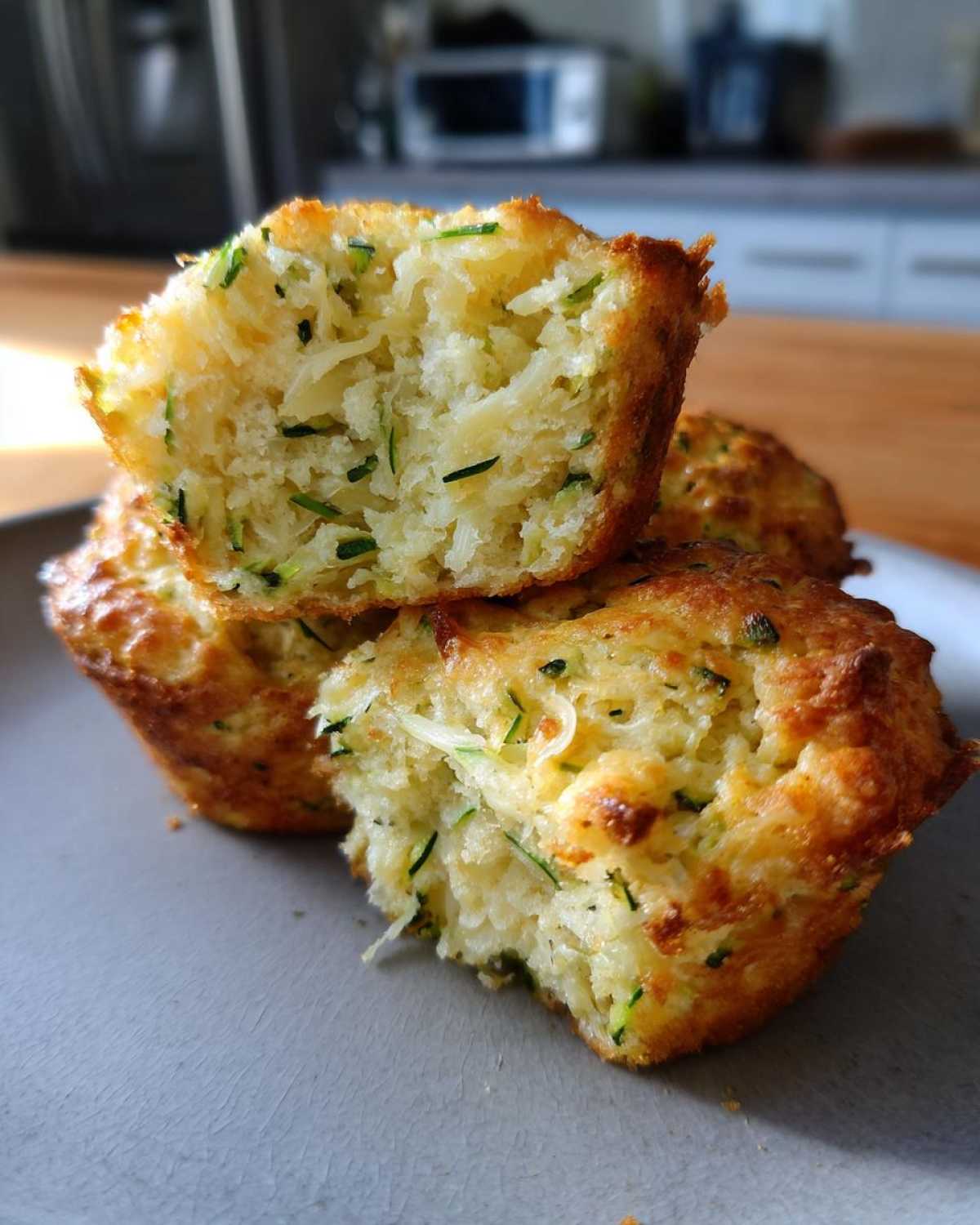 Close-up of a stack of savory zucchini cheese muffins, one is broken in half showing the tender interior with shredded zucchini and cheese.
