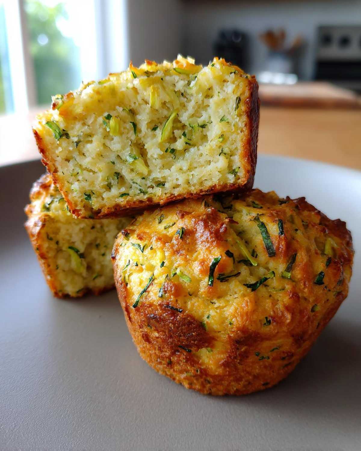 A close-up view of two savory zucchini cheese muffins, one sliced in half to reveal the moist interior with shredded zucchini.