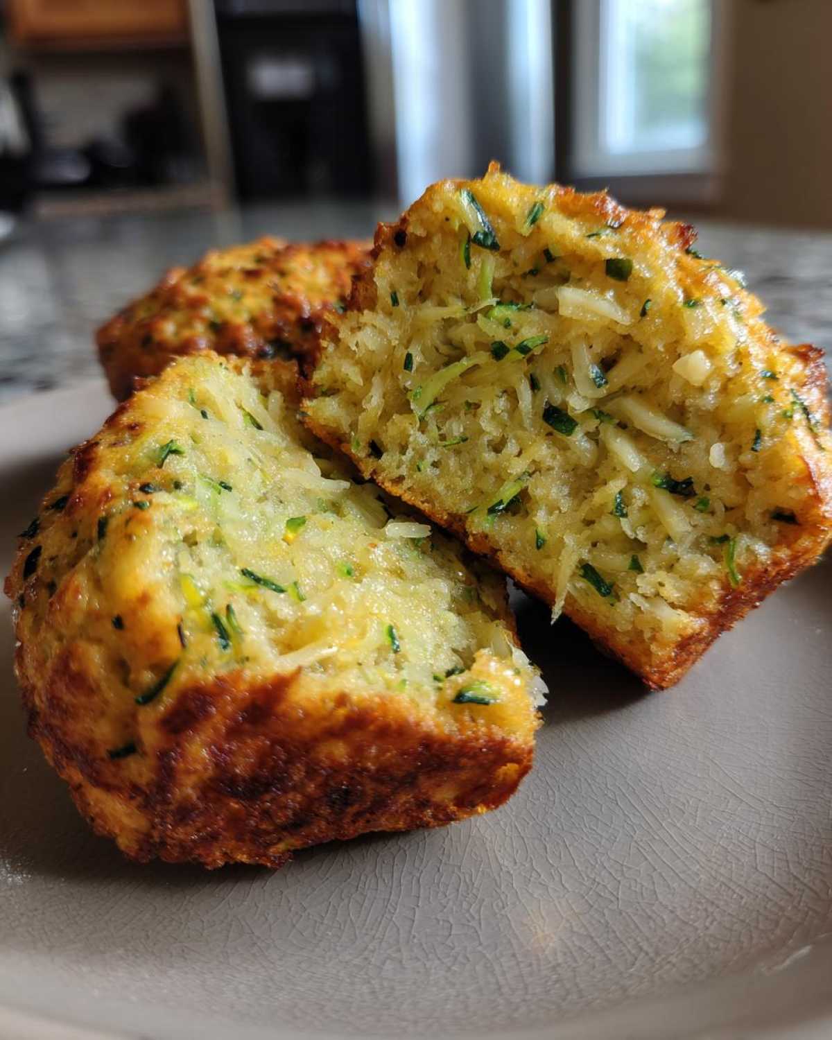 Close-up of savory zucchini cheese muffins, one muffin cut in half to reveal shredded zucchini and cheese.