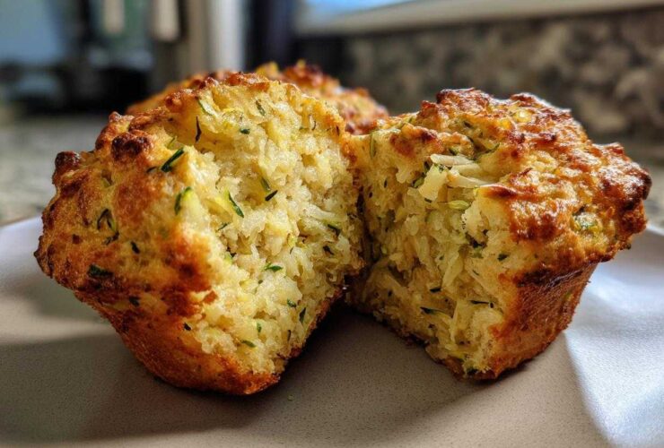 A split Savory Zucchini Cheese Muffin showing the fluffy interior with shredded zucchini and cheese.
