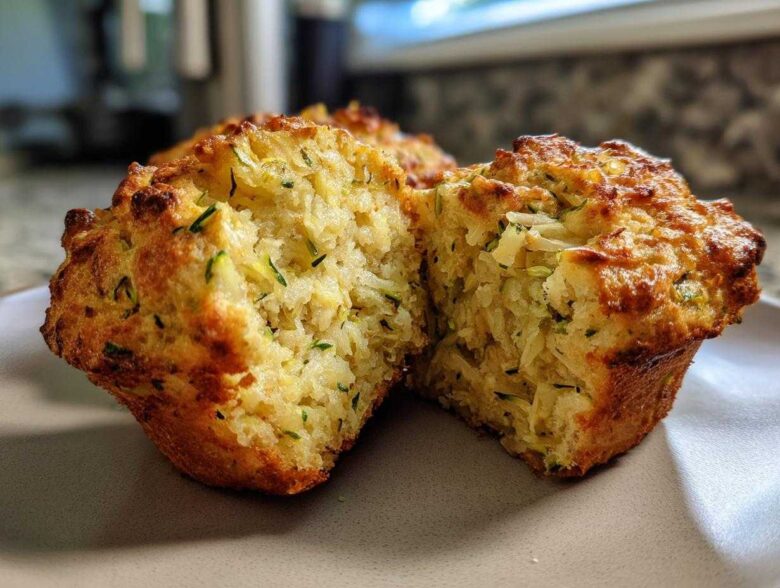 A split Savory Zucchini Cheese Muffin showing the fluffy interior with shredded zucchini and cheese.