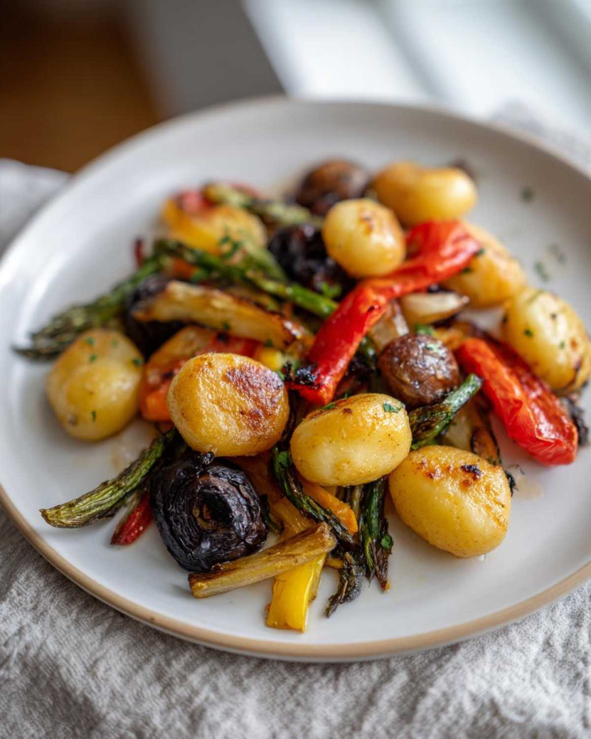 A close-up of a white plate filled with roasted Sheet Pan Gnocchi & Vegetables, including potatoes, asparagus, bell peppers, and mushrooms.