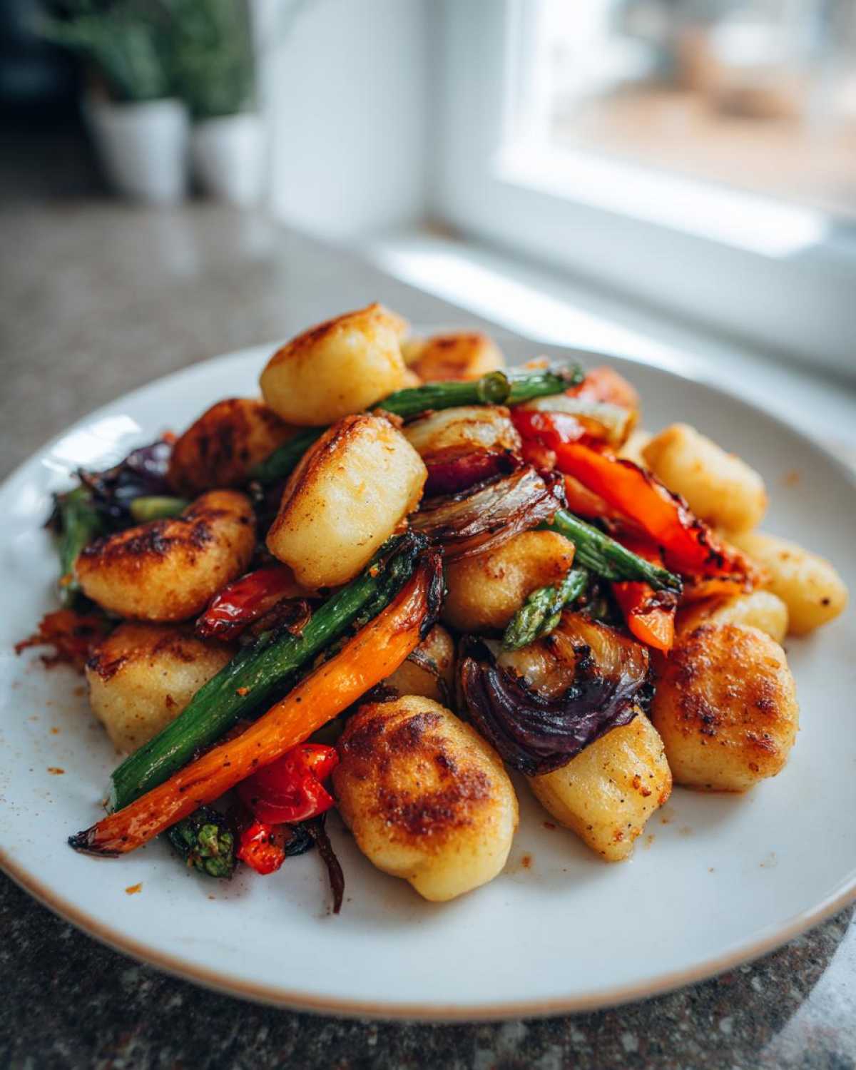A close-up of golden brown sheet pan gnocchi & vegetables, including asparagus, carrots, and red onion, served on a white plate.