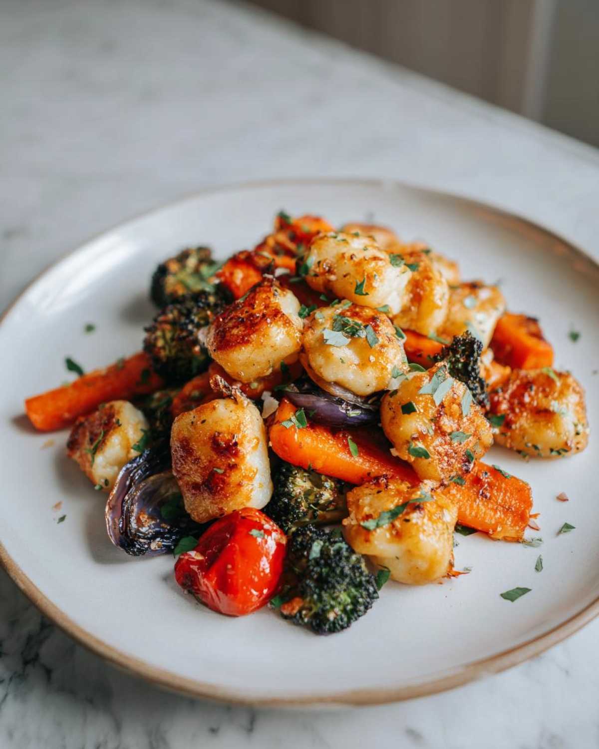 A close-up of a plate filled with golden-brown sheet pan gnocchi and roasted vegetables including broccoli, carrots, and red peppers, garnished with parsley.
