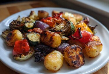 A white plate filled with colorful roasted vegetables and gnocchi, showcasing a delicious Sheet Pan Gnocchi & Vegetables meal.