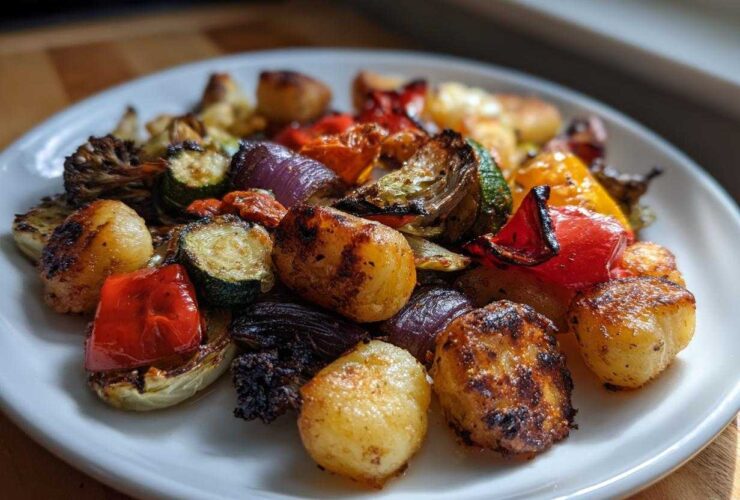 A white plate filled with colorful roasted vegetables and gnocchi, showcasing a delicious Sheet Pan Gnocchi & Vegetables meal.
