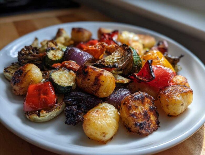 A white plate filled with colorful roasted vegetables and gnocchi, showcasing a delicious Sheet Pan Gnocchi & Vegetables meal.