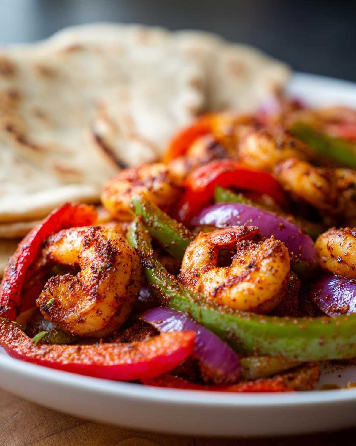 Close-up of Sheet Pan Shrimp Fajitas with colorful bell peppers, red onions, and seasoned shrimp, served with tortillas.