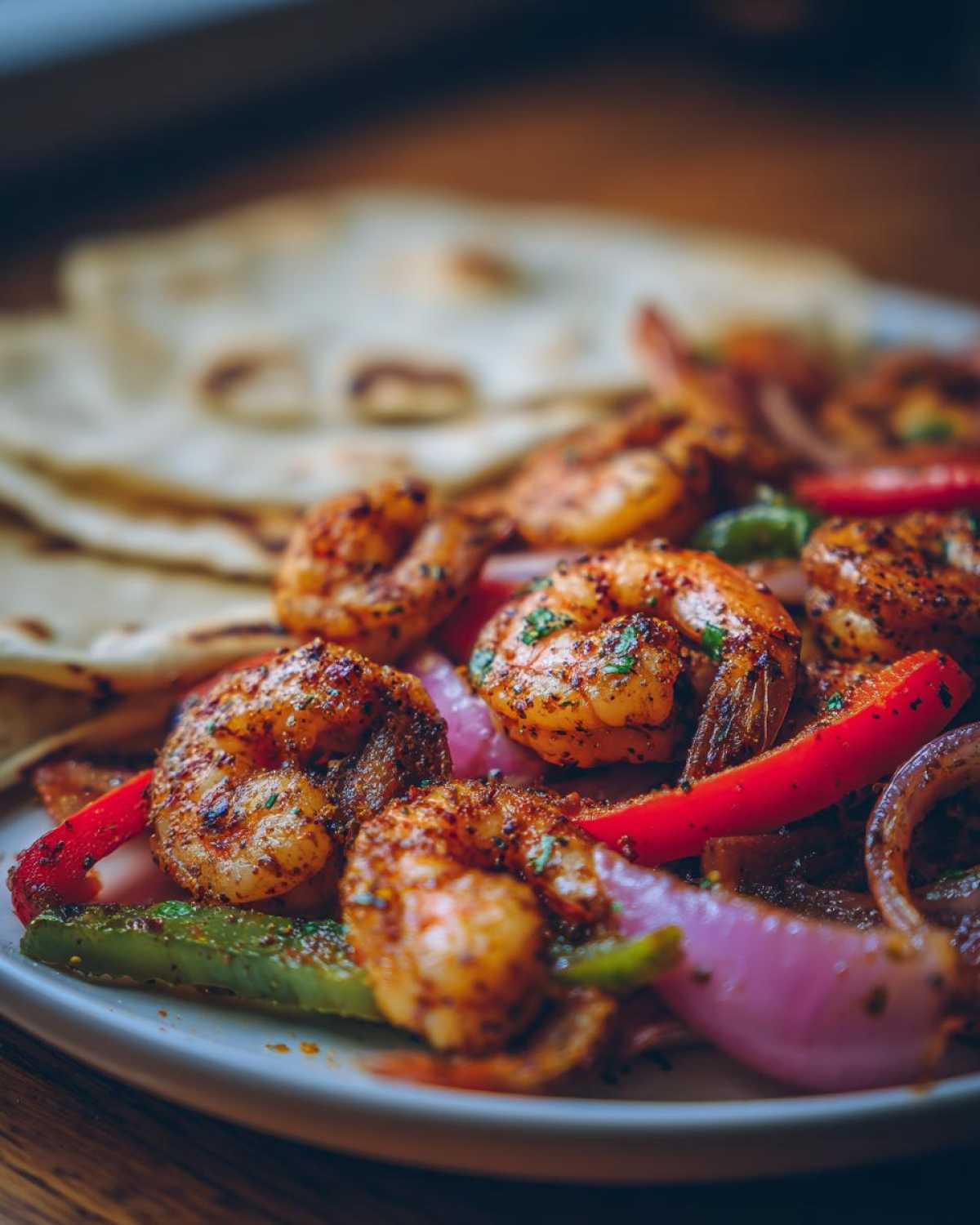 Close-up of delicious Sheet Pan Shrimp Fajitas with seasoned shrimp, red and green bell peppers, and red onion, served with tortillas.