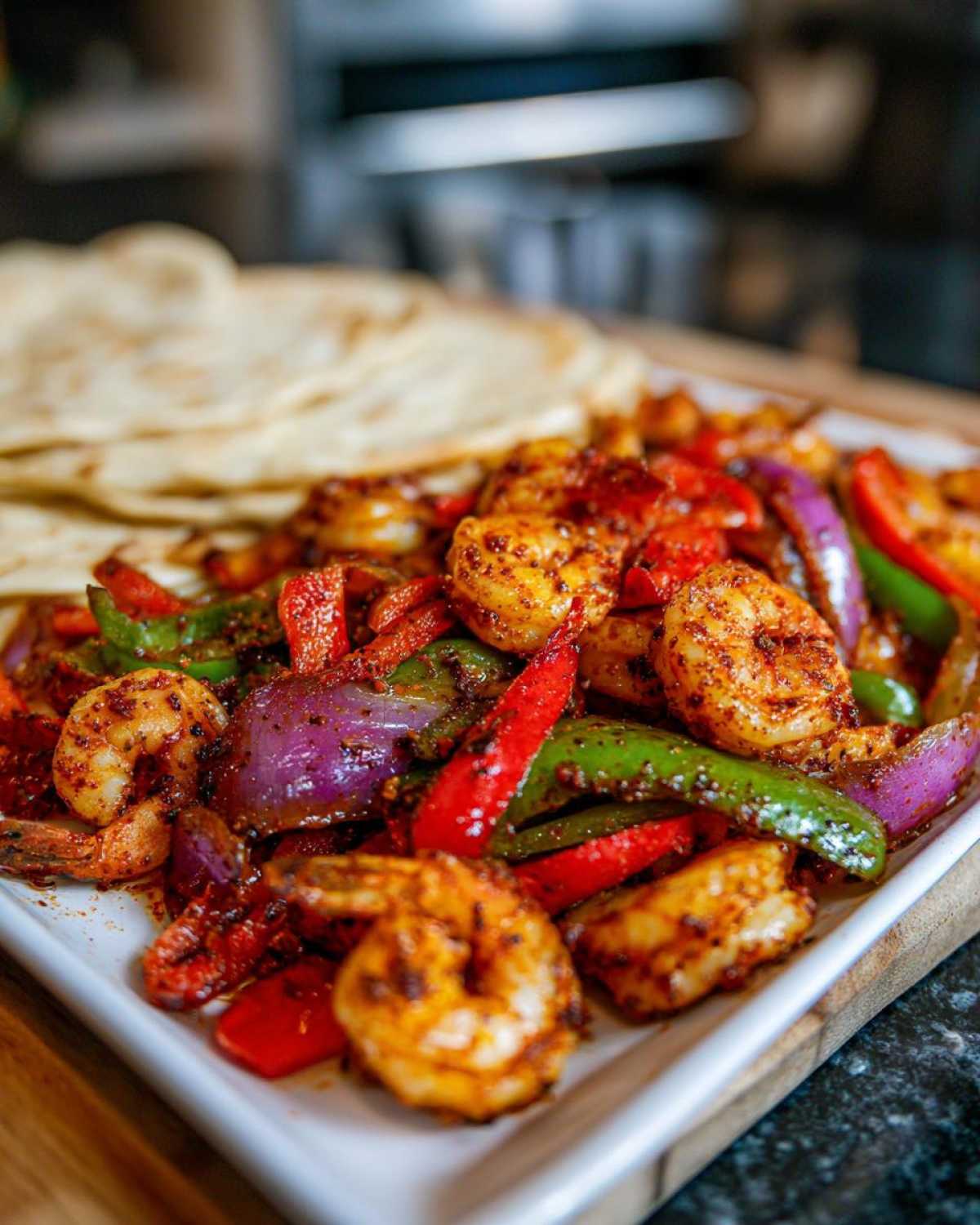 Close-up of delicious Sheet Pan Shrimp Fajitas with colorful bell peppers, red onions, and seasoned shrimp, served with tortillas.
