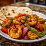 A close-up of delicious Sheet Pan Shrimp Fajitas served on a white plate with tortillas in the background.