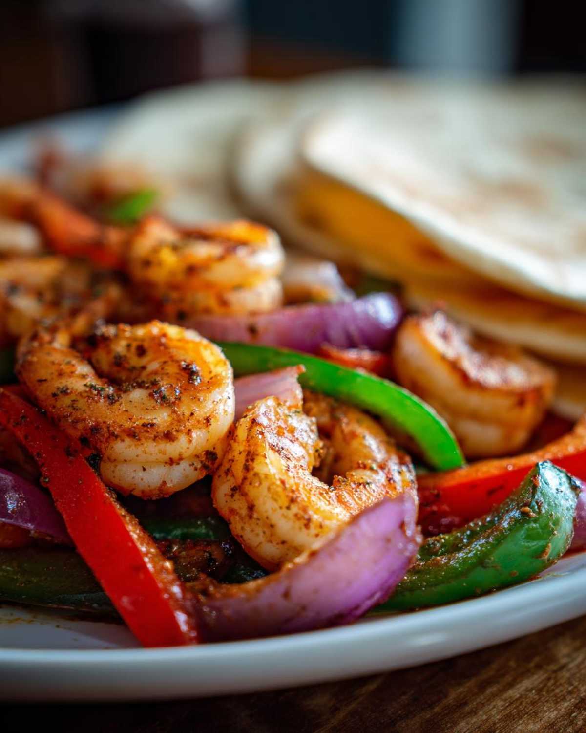 Close-up of seasoned shrimp with red and green bell peppers and red onion, served with tortillas for Sheet Pan Shrimp Fajitas.