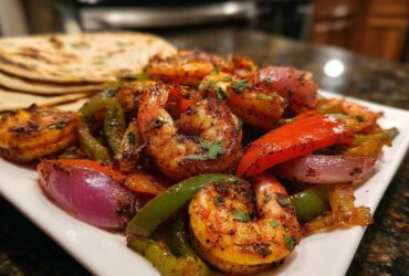 A close-up of delicious Sheet Pan Shrimp Fajitas featuring plump shrimp, colorful bell peppers, and red onions, garnished with fresh parsley.